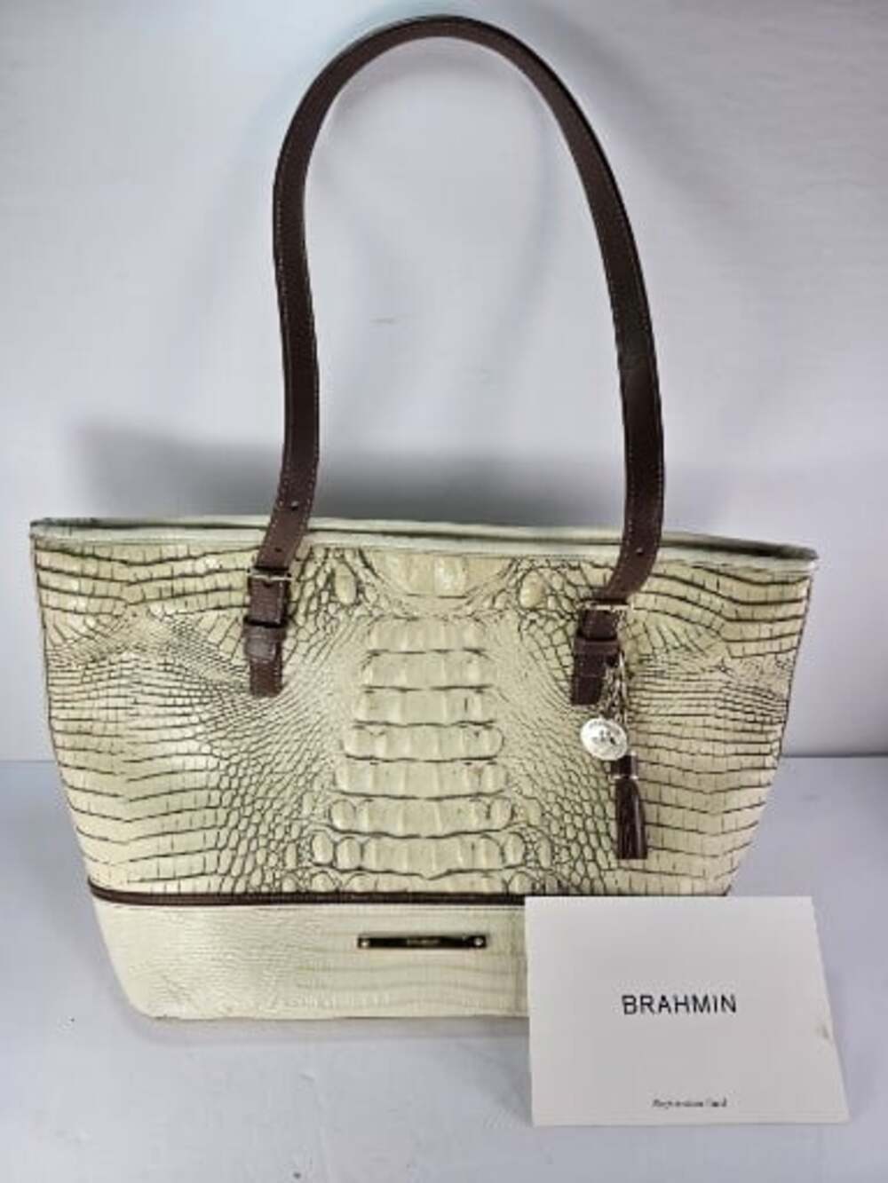 BRAHMIN MEDIUM ASHER FOSSIL TRI-TEXTURE EMBOSSED CROC TAN TOTE